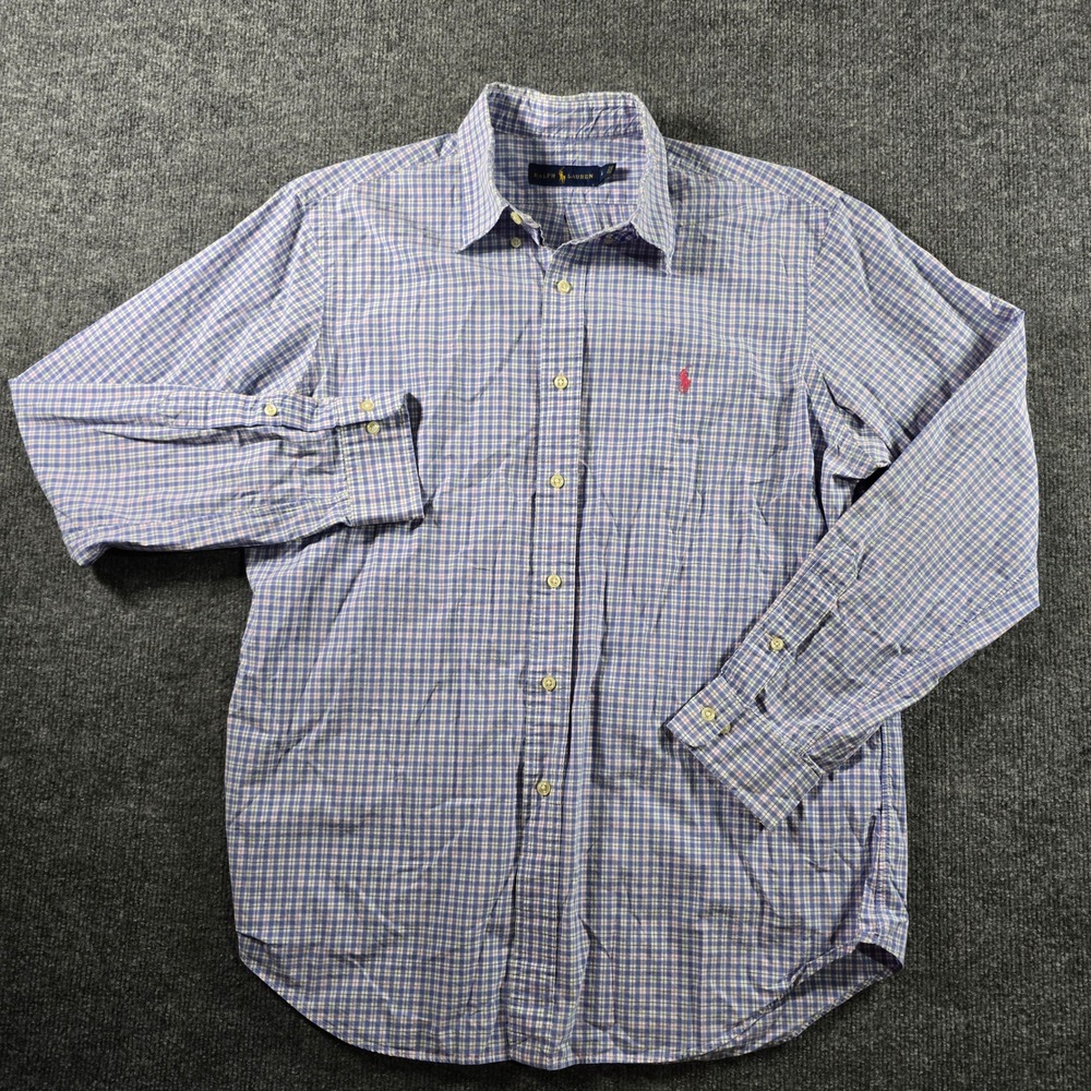Ralph Lauren Mens Plaid Button Down Shirt Blue Pink Long Sleeve Size L